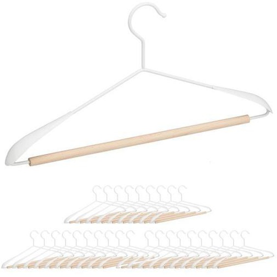 Cintres, lot de 30, pour t-shirts, costumes, vestes, avec traverse pantalon, en bois et métal, 43 cm de large, blanc