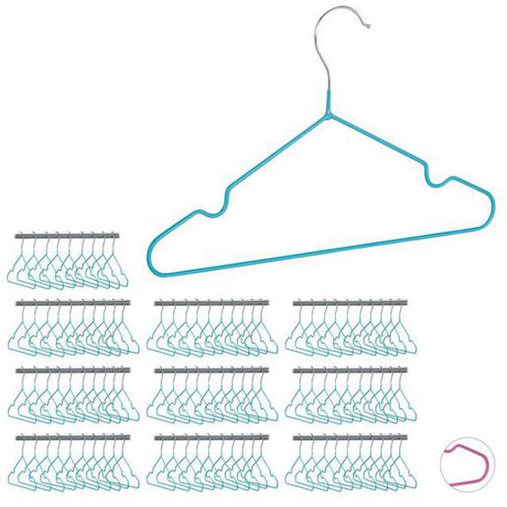 Cintres enfants, lot de 100, cintres bébé,  t-shirts, chemises, en fer, revêtement PVC, encoches, 30 cm, turquoise