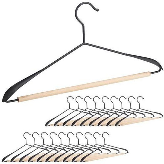 Cintres, lot de 20, pour t-shirts, costumes, vestes, avec traverse pantalon, en bois et métal, 43 cm de large, noir