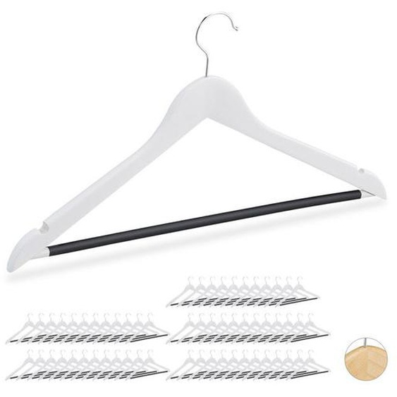 Cintres vêtements, lot de 60, vestes, rangement habits, pantalons, encoches, traverse caoutchoutée, stables, bois, blanc