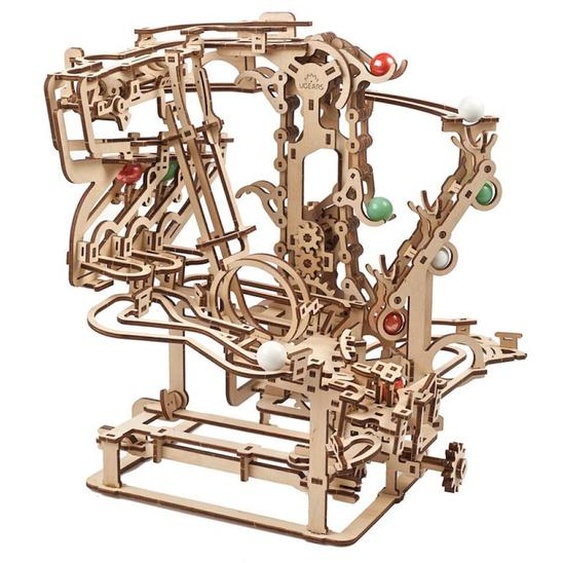 Circuit À Billes Avec Palan À Chaîne – Maquette Mécanique En Bois À Construire, Puzzle 3d Avec Ascenseur Et Pistes Modulables Brown
