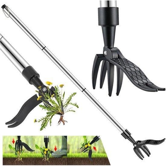 Cisaille à herbe en aluminium de 100 cm de long, avec pédale – 3 lames en acier inoxydable, aluminium, pour une suppression complète des racines sans avoir à se pencher