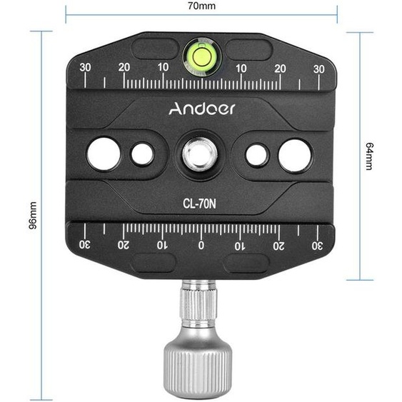 CL-70N : pince à plaque à fixation rapide de 70 mm en alliage daluminium, 3/8 pouces, avec adaptateur 1/4 pouces et niveau à bulle, compatible Arca Swiss, Benro, Acratech, Kirk, Wim