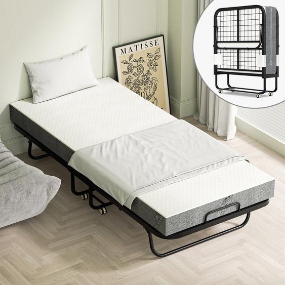 Clanmacy 90x200cm Lit dinvité pliable avec matelas et housse de protection jusquà 150kg, sur roulettes