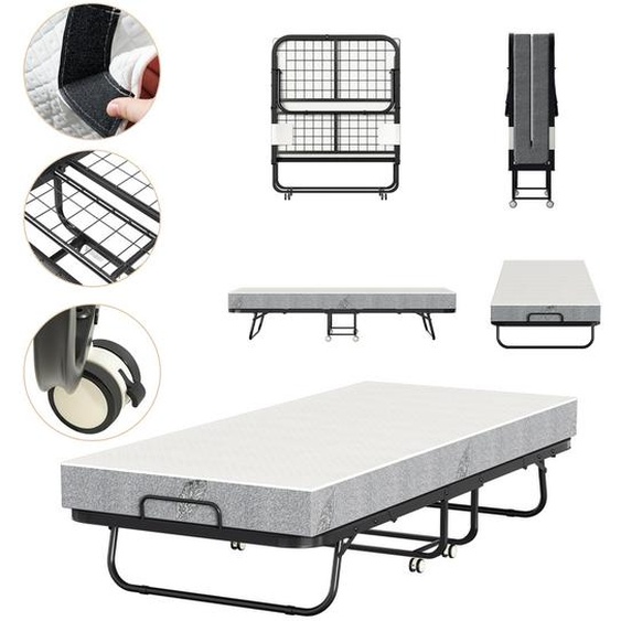 Clanmacy 90x200cm Lit dinvité pliable jusquà 150kg, avec matelas et housse de protection, sur roulettes