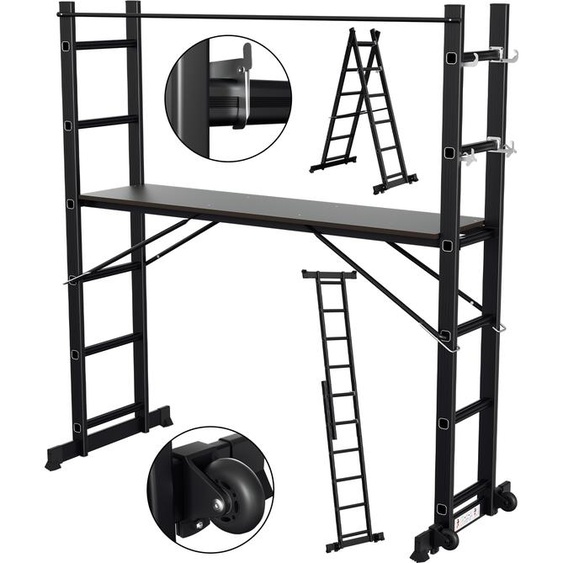 Clanmacy Echafaudage de travail Alu Echelle polyvalente 2x6 marches Echelle multifonctionnelle Echelle à cadre A Echafaudage multifonctionnel Echafaudage de chantier jusquà 150kg Noir