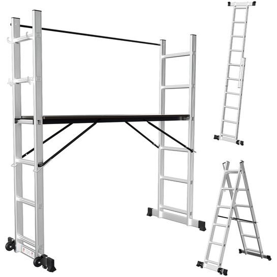 Clanmacy Echafaudage de travail Alu Echelle polyvalente 2x6 marches jusquà 150kg Echelle multifonctionnelle Echelle à cadre A Echafaudage multidirectionnel Echafaudage de chantier Argent