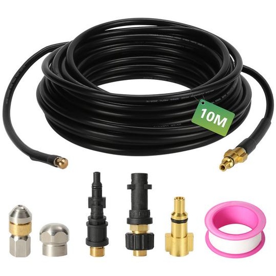 Clanmacy tuyau haute pression tuyau de nettoyage de tuyaux, 10m, 160 bar, compatible avec Kärcher, K2, K3, K4, K5, K6, adaptateur inclus, buses fixes + rotatives