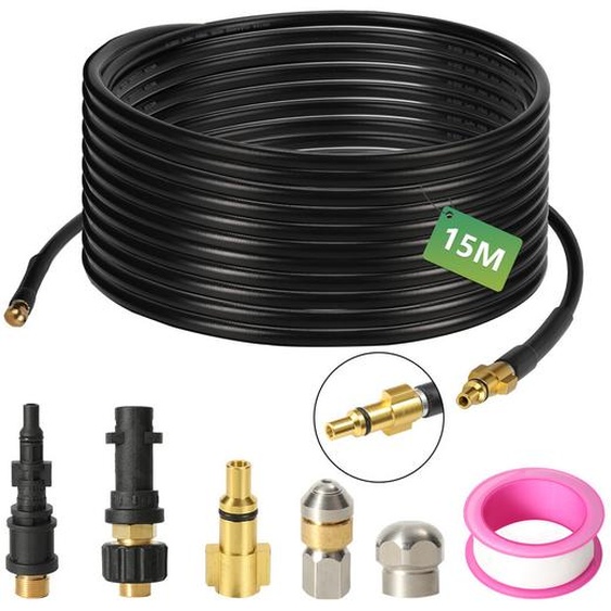 Clanmacy tuyau haute pression tuyau de nettoyage de tuyaux, 15m, 160 bar, compatible avec Kärcher, K2, K3, K4, K5, K6, adaptateur inclus, buses fixes + rotatives