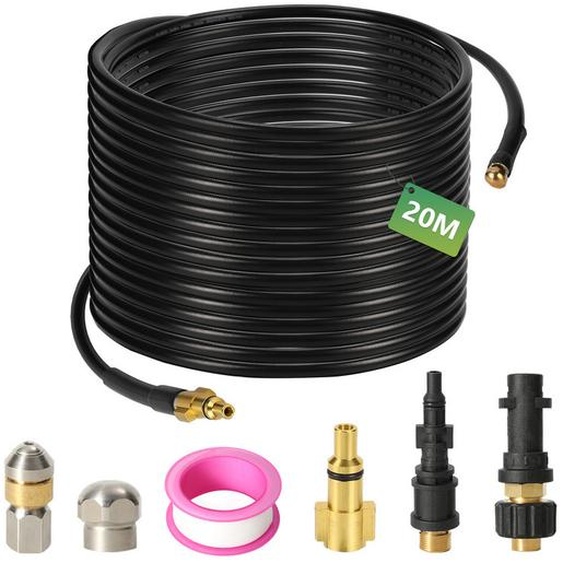 Clanmacy tuyau haute pression tuyau de nettoyage de tuyaux, 20m, 160 bar, compatible avec Kärcher, K2, K3, K4, K5, K6, adaptateur inclus, buses fixes + rotatives