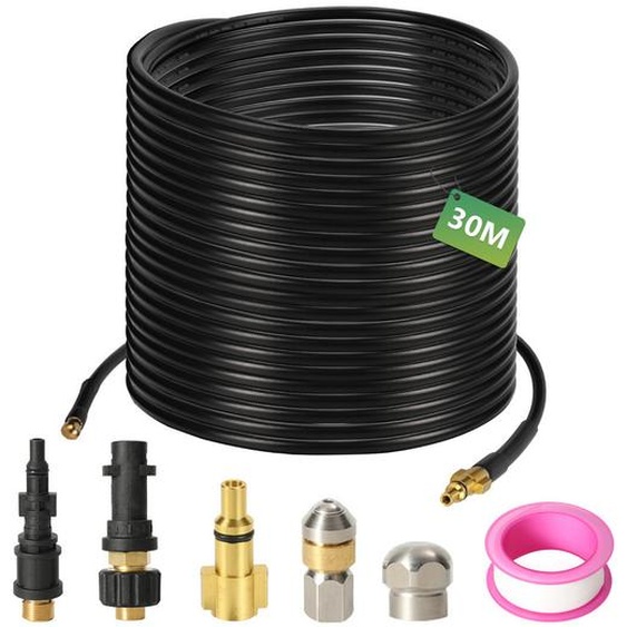 Clanmacy tuyau haute pression tuyau de nettoyage de tuyaux, 30m, 160 bar, compatible avec Kärcher, K2, K3, K4, K5, K6, adaptateur inclus, buses fixes + rotatives