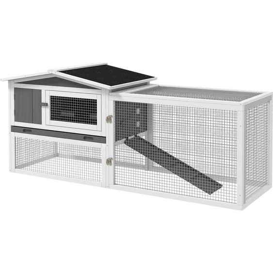 Clapier PawHut en bois de sapin, enclos pour petits animaux, 156 x 58 x 68 cm, gris clair