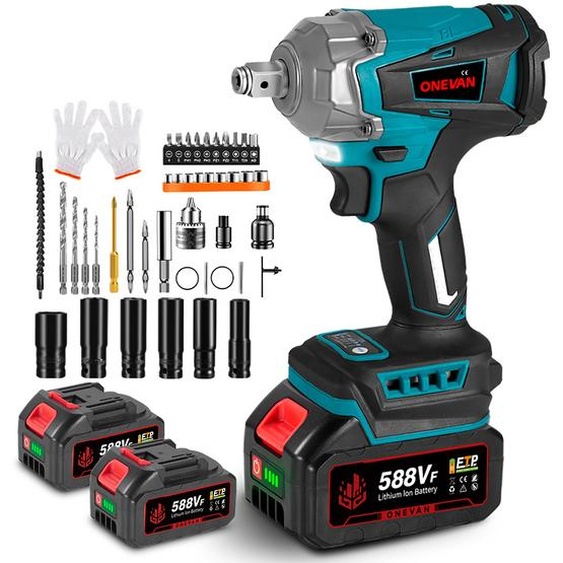 Clé à choc électrique sans fil 1200Nm Clé électrique sans balais 1/2 pouce Set avec 2x batterie, 44x accessoires, 6700 tr / min Clé à choc