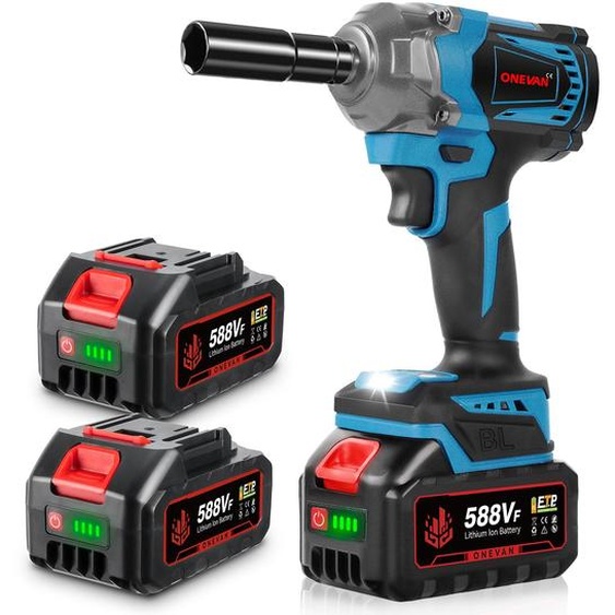 Clé à choc sans fil 950 Nm Clé électrique sans balais 1/2 pouce, 6000 tr/min, Clé à choc électrique avec 2x batterie, lumière LED
