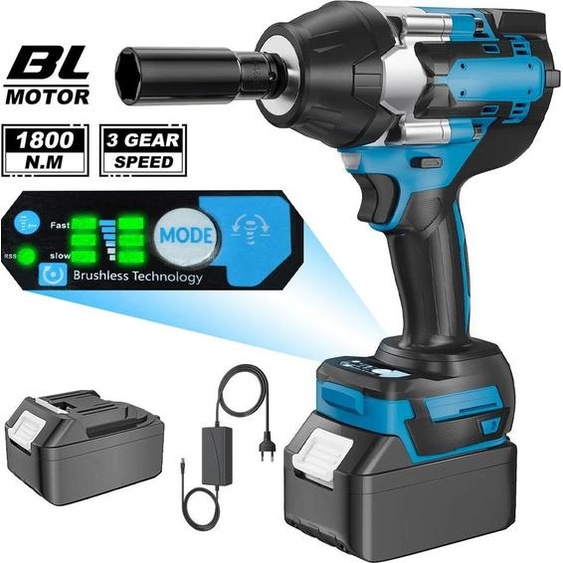 Clé à chocs - Alimentation par batterie 18 V - 1800 Nm - Moteur sans balais - Carré 1,27 cm - 1 batterie incluse - Noir