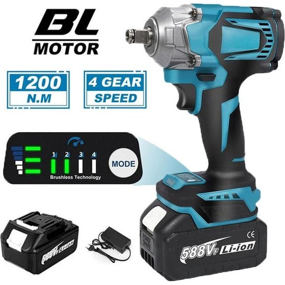 Clé à chocs - Clé à chocs sans fil - Sans balais - 1200 Nm - Carré 1,27 cm - 8 vitesses - Compatible 18 V - 1 batterie - Blanc