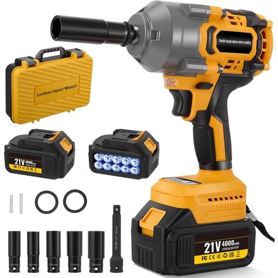 Clé à chocs sans balais - 21 V - Couple de 1200 Nm - 3 vitesses (0–3000 tr/min) - Éclairage LED - Coffret de douilles - Jaune - Sans batterie