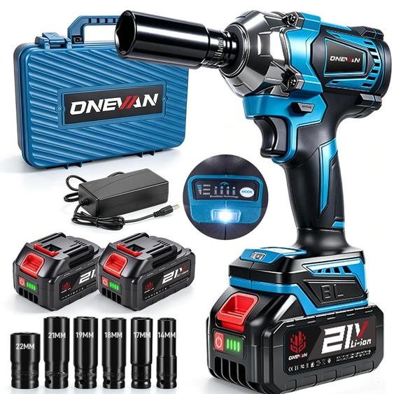 Clé à chocs sans fil, 1200 Nm, moteur sans balais, 3 vitesses, LED, étui, 2 batteries 4,0 Ah, 12 accessoires, pour maison et voiture.