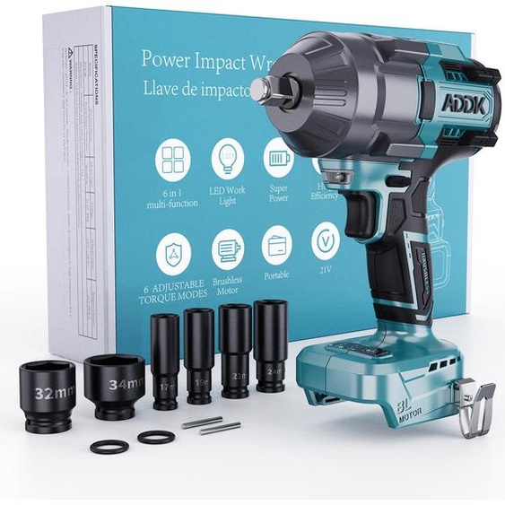 clé à chocs sans fil 21V 1/2 sans balais, 6 positions de couple, lumière LED, 7 douilles incluses (17-34 mm), kit daccessoires, sans batterie ni chargeur