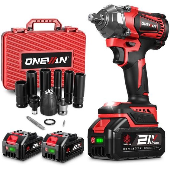 Clé à chocs sans fil Clé à chocs 1/2 sans balais 950Nm avec 2x batteries & accessoires, clé à chocs rotative et étui pour la maison et la voiture