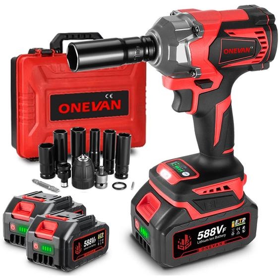 Clé à chocs sans fil Clé à chocs 1/2 sans balais 950Nm avec 2x batteries & accessoires, clé à chocs rotative et étui pour la maison et la voiture