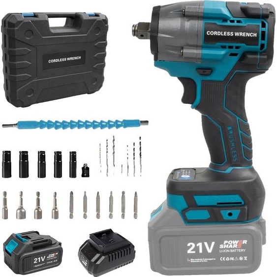 Clé à chocs sans fil, couple de 480Nm, moteur sans balais, batterie 21V, batterie bleue 1, EU