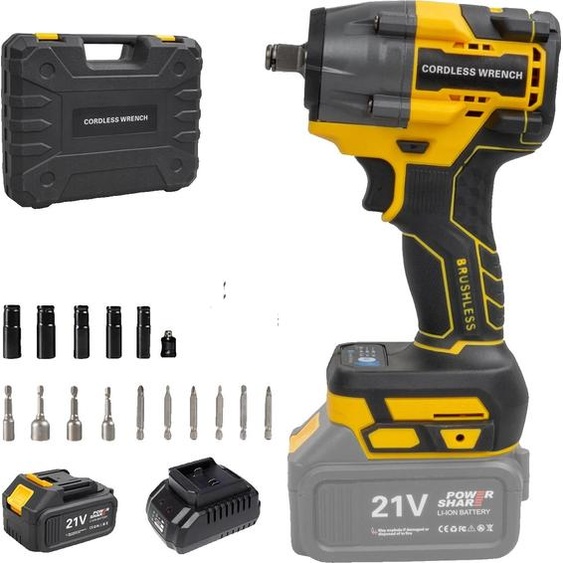 Clé à chocs sans fil, couple de 480Nm, moteur sans balais, batterie 21V, jaune 1 batterie, EU