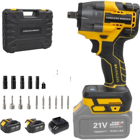 Clé à chocs sans fil, couple de 480Nm, moteur sans balais, batterie 21V, jaune 2 batterie, EU