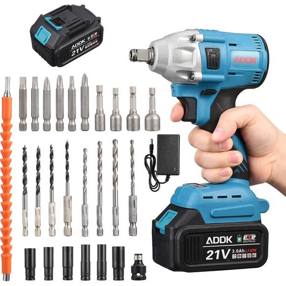 Clé à chocs sans fil Fortuna Lai 20V, 380NmHohes Drehmoment, 3800 U/min, 1x3000mAh Akkus, Radbolzen, Box mit 25Stk Zubehör, geeignet für Familienautos