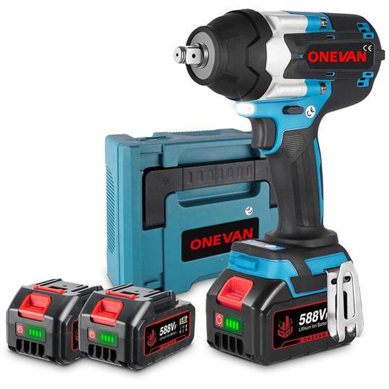 Clé à Chocs sans fil Brushless 1800 Nm,3 vitesses,1/2  Boulonneuse a Choc avec 2x588VF Batterie - coffret de transport - bleu - Onevan