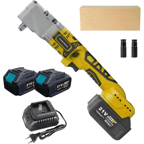 Clé à cliquet angulaire sans fil - Visseuse à chocs 90° - 300 Nm - Sans balais 21 V - Batterie 2×1500 mAh - Tête fine 3 cm - Douilles 17/22 - Jaune