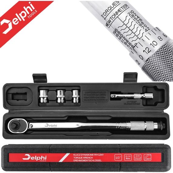 Clé dynamométrique Delphi 1/2 avec une plage de couple de 28-210 Nm, en acier CrV avec des tailles de tête de 21, 19 et 17 mm, conçue pour les voitures et les motos,