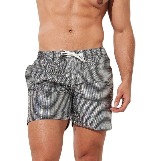 CLEVER-MENMODE Planche de plage homme short de bain hommes maillots de bain argenté brillant surf troncs boxeurs Faux cuir maillots de bain vêtements de sport