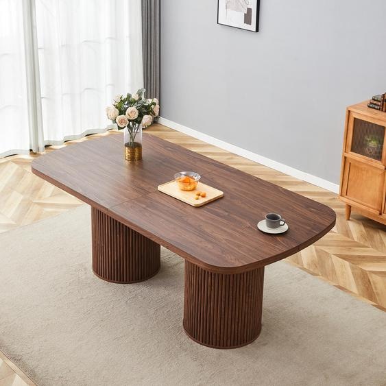 Clinvia : table à manger ovale moderne avec pied en colonne cannelé, plateau en MDF haut de gamme aspect bois, dans un style wabi-sabi et mid-century pour la cuisine de la maison, table à manger ovale, table à manger, table à manger en bois