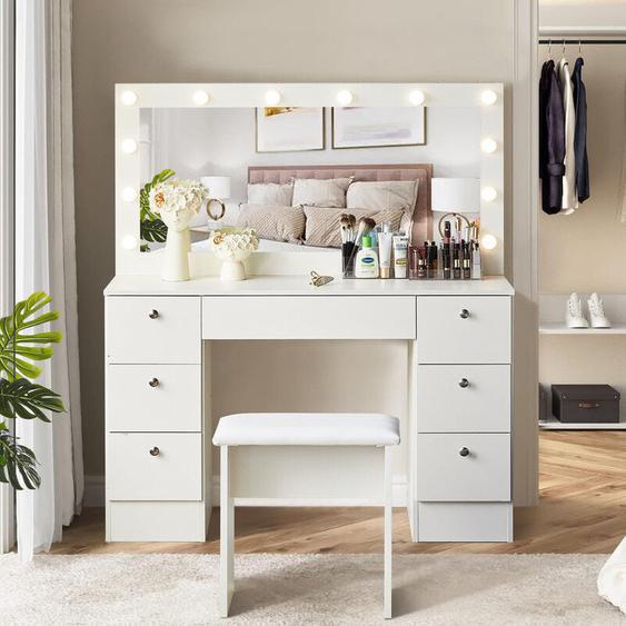 Clipop - Coiffeuse avec éclairage led, miroir Hollywood et tabouret rembourré, 7 tiroirs, chambre à coucher, blanc