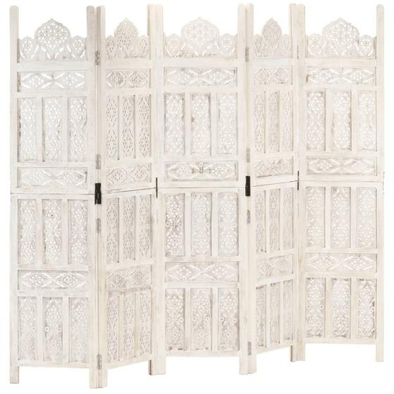 Cloison de séparation 5 panneaux Blanc 200x165 cm Bois manguier
