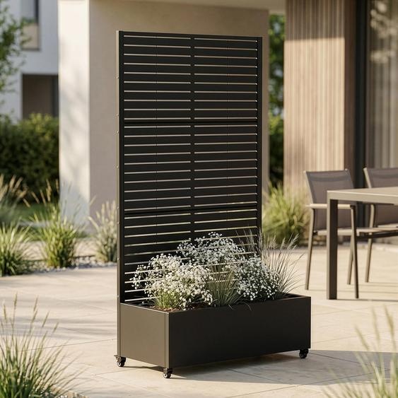 Cloison Nodepp avec jardinière, dimensions 190 x 82 x 38 cm, 4 rouleaux, pour intérieur et extérieur, résistante aux intempéries, en acier, de couleur noire