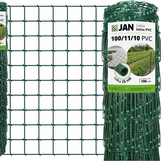 Clôture forestière - 100/11/10 - Hauteur 100 cm - Rouleau de 25 m - Vert - Galvanisé + revêtement PVC - Treillis noué Clôture pour gibier 10 x 10 cm - 80 g/m²
