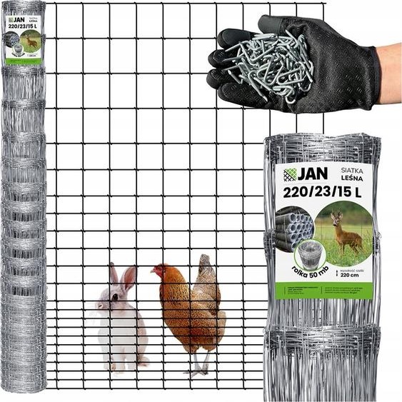 Clôture forestière - 220/23/15 L - 220 cm de hauteur - Rouleau de 50 m - Treillis galvanisé pour clôture de gibier - 80 g/m² de zinc - Avec agrafes es - Pour poulets, sangliers et cerfs