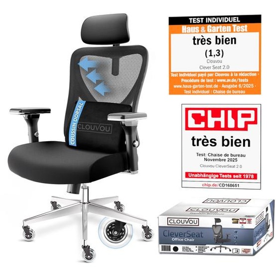 CLOUVOU CleverSeat chaise de bureau, ergonomique, fauteuil de direction pour bureau, 4D accoudoir en métal chromé, Blade Wheels, Ergonomic Chair