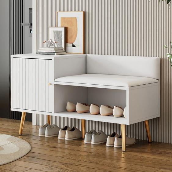 Coffre à chaussures moderne L100 avec espace de rangement banc rembourré et dossier - Etagère à chaussures avec pieds métal blanc