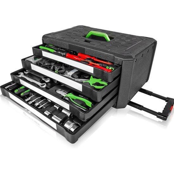 Coffre à outils professionnel, 40 pièces, équipé, avec tiroirs, ciseaux, marteau, noir