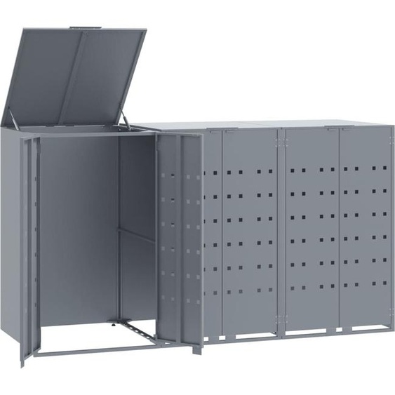 Rangement à roulettes pour poubelles pour 3 bacs gris acier