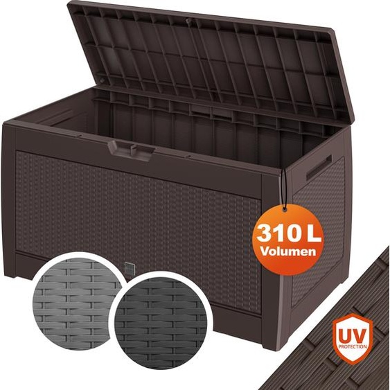 Coffre de Rangement Polyrotin brun Malle 310 litres Stockage Coussins avec roulettes Extérieur Jardin