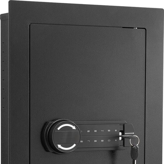 Coffre-fort mural, coffre-fort mural caché à 3 niveaux avec mot de passe et clé, boîte murale en acier laminé à froid Q235 avec éclairage LED, 2 étagères réglables et 5 porte-clés pour argent, bijoux, passeport, noir