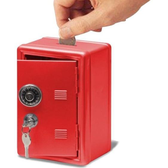 Coffre fort tirelire rouge * Matière : métal * Dimensions : 18 x 12 x 10 cm * Serrure à clé * Roue de combinaison  Fonctions : ti...