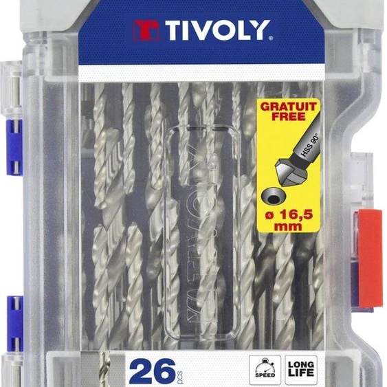 Coffret 26 pièces TIVOLY - 25 forets métaux HSS taillés meulés pointe en croix Ø 2 à 13mm + 1 fraise à noyer HSS Ø 16,5mm - 11452070002