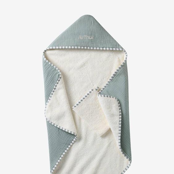 Coffret cadeau : cape de bain réversible personnalisable et gant ENVIE DE FRAISE vert sauge