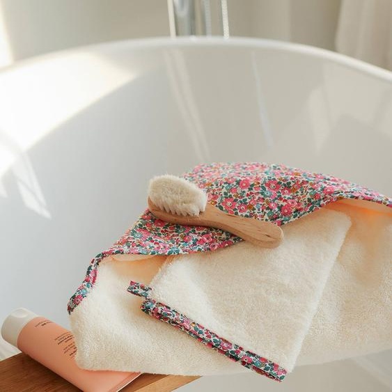 Coffret cadeau : cape de bain réversible tissu Liberty et gant blanc