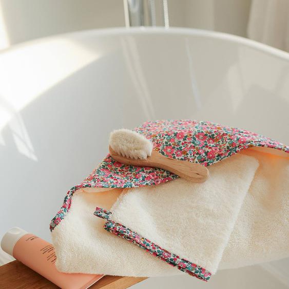Coffret cadeau personnalisable : cape de bain réversible tissu Liberty et gant ENVIE DE FRAISE blanc